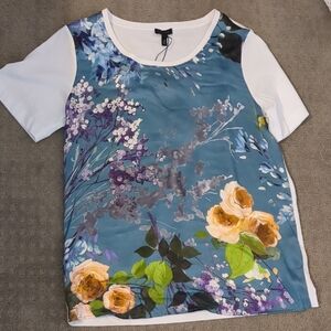 Floral Print Women's Top - Blue and White